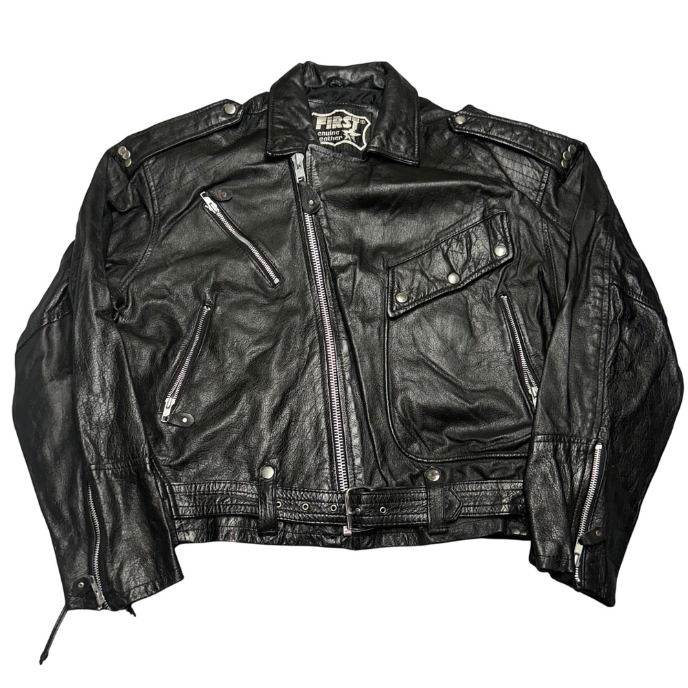 First Genuine Leather Biker Jacket Black Mens XL Motorcycle Rocker Punk Moto